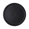 Direct overhead shot highlighting the perfectly round surface and the consistent ebony finish of the metal accent table