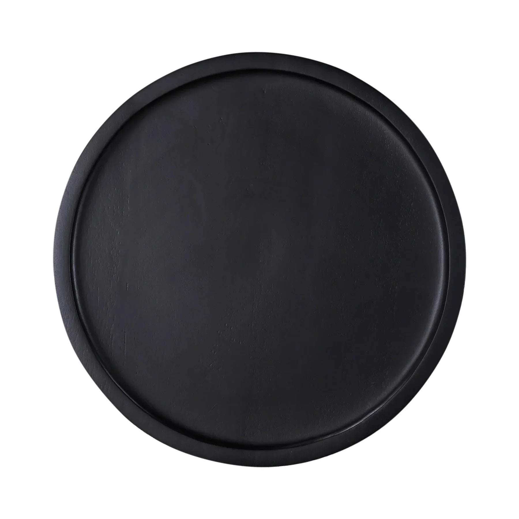 Front view of the Polina side table featuring a sleek hourglass pedestal base and circular top in a matte ebony black finish