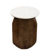 Front view highlighting the contrast between the smooth white marble tabletop and the rich organic textures of the dark wood base