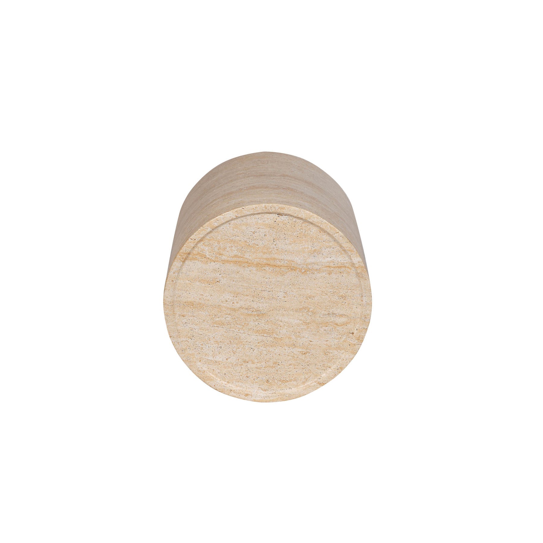 Front view of the Zac side table featuring a solid cylindrical drum silhouette crafted from natural beige travertine stone