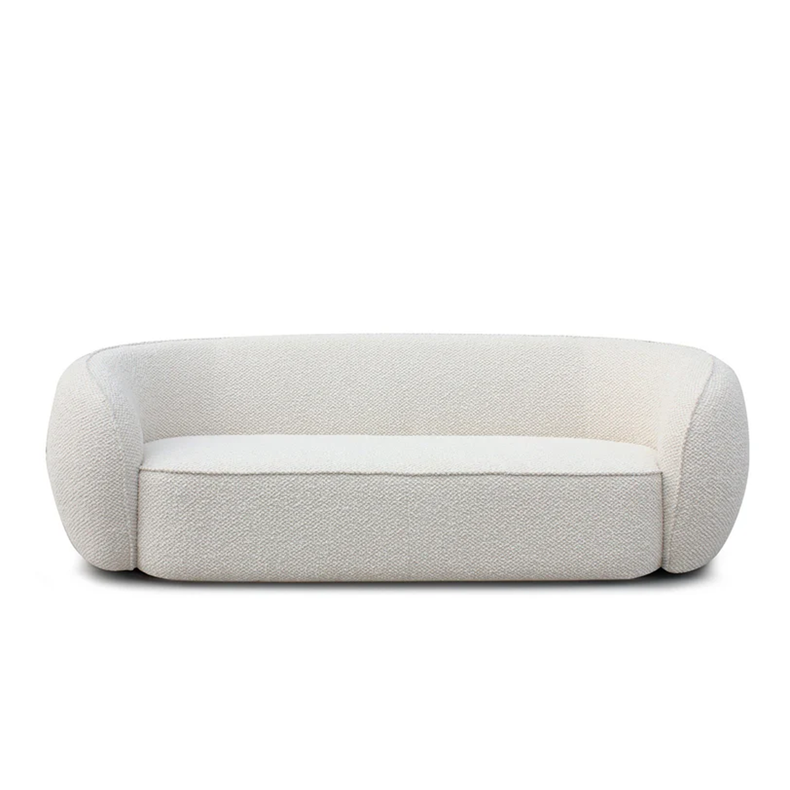 Clara sofa front view with curved modern silhouette in neutral fabric