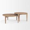 Side perspective highlighting the slim wooden legs and the tray-style rims of the brown nesting coffee table set
