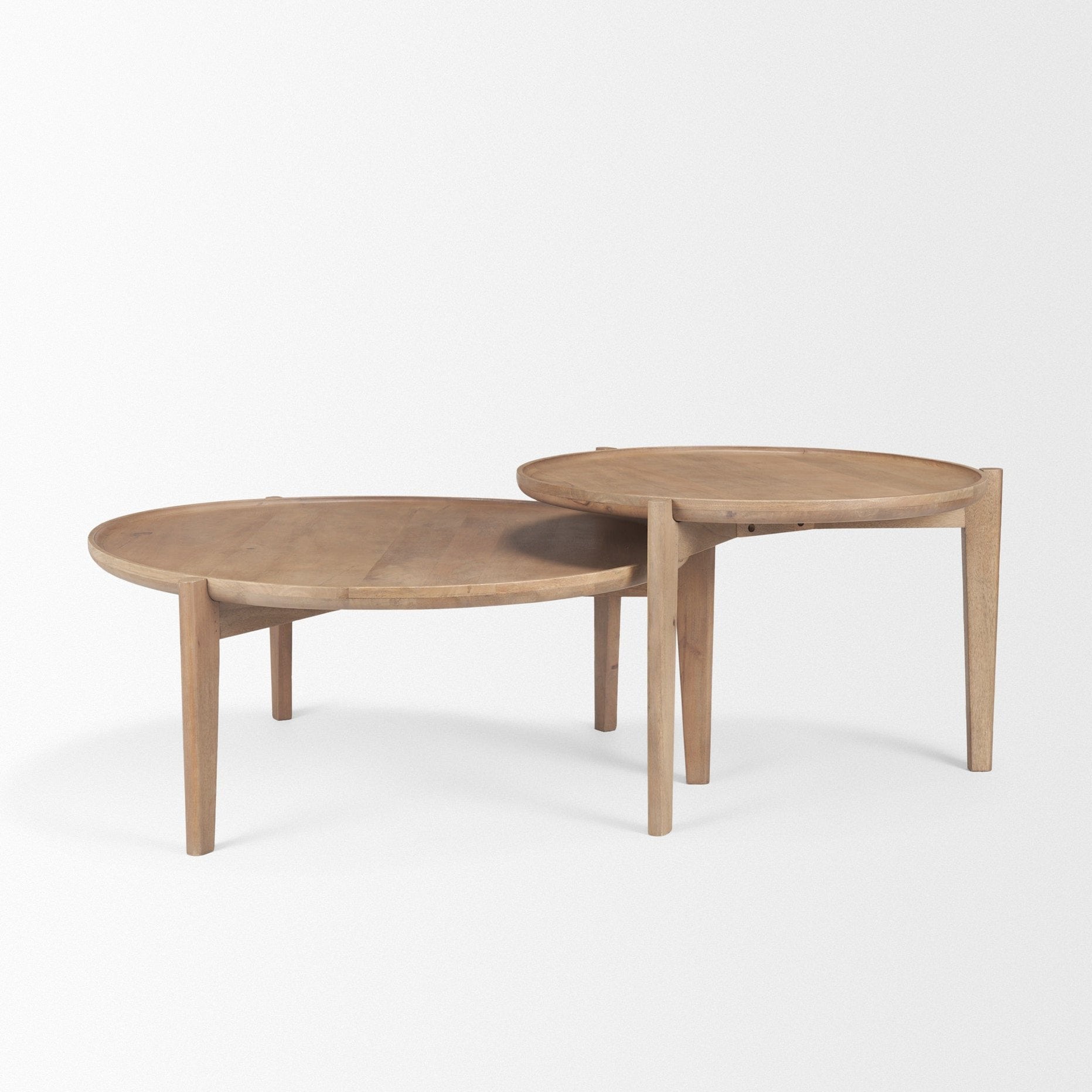 Side perspective highlighting the slim wooden legs and the tray-style rims of the brown nesting coffee table set