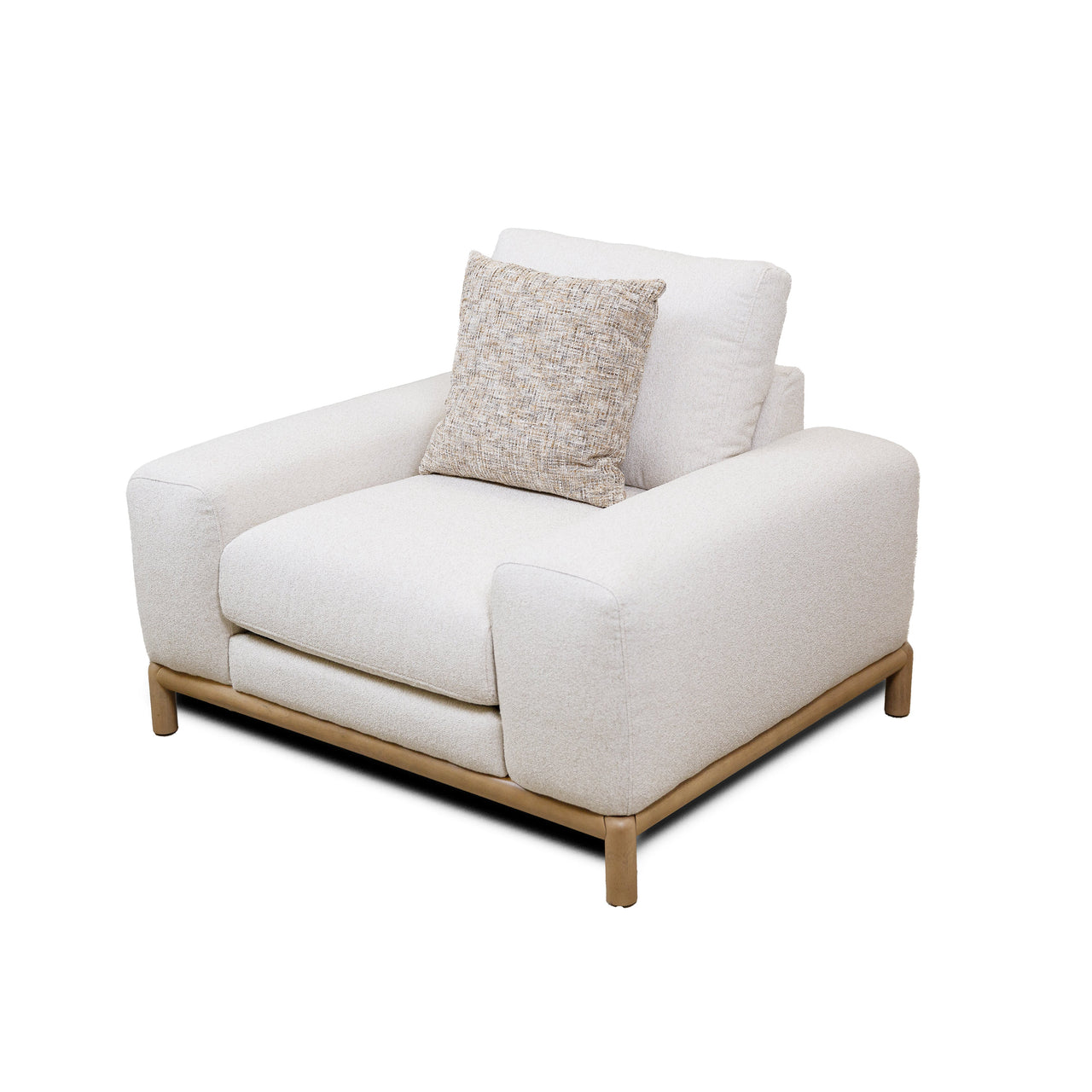 Front view of the Mylo Modern Accent Chair in cream bouclé featuring a low-profile silhouette and light oak wood base