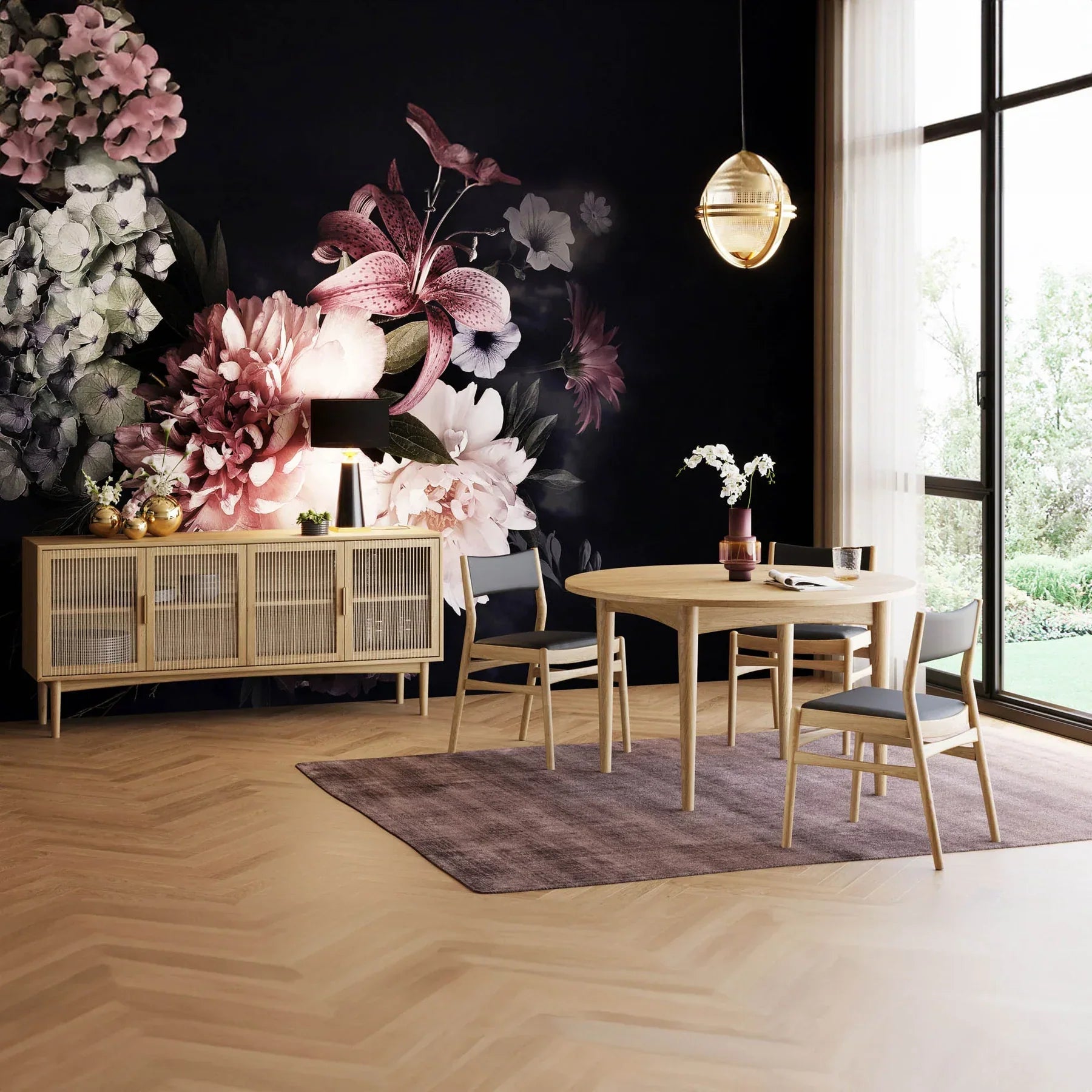 Front perspective view of the Lumina 4-door sideboard featuring a light oak wood frame, fluted glass door panels, and elegant vertical gold metal handles