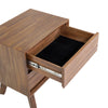 Perspective view of the cognac nightstand with the top drawer open highlighting the felt-lined storage