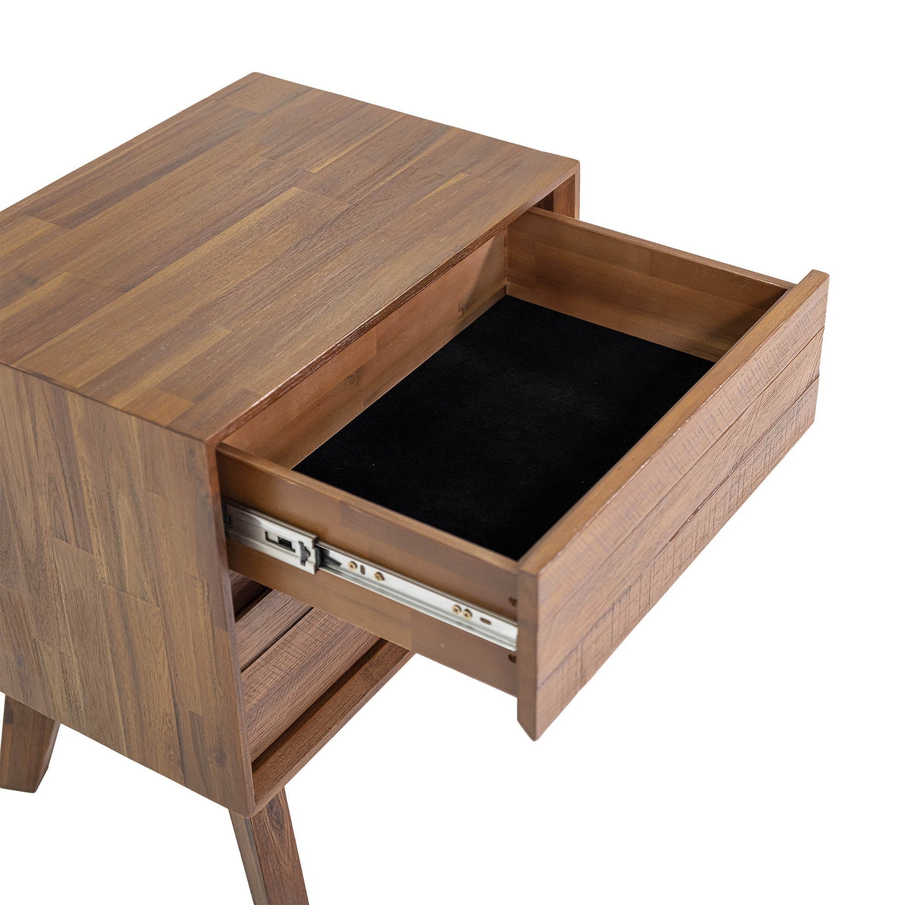Front view of the Gia 2-drawer nightstand featuring a weathered light oak finish and architectural tapered solid wood legs
