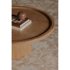 Close-up shot highlighting the raised tray-style rim and the smooth natural oak wood grain of the circular tabletop