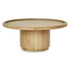 Front view of the Cohen round coffee table featuring a natural wood finish and a thick cylindrical pedestal base