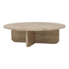 Three-quarter perspective highlighting the low-profile design and the sculptural geometry of the intersecting wood base