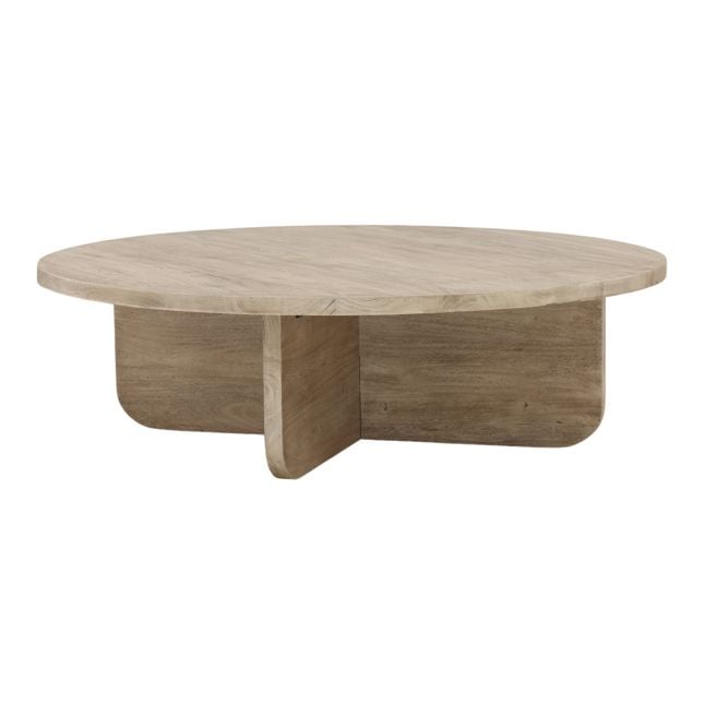 Three-quarter perspective highlighting the low-profile design and the sculptural geometry of the intersecting wood base