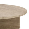 Macro detail shot focusing on the organic wood grain and the rounded corner of the slab pedestal base