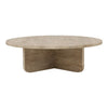 Front view of the Colby coffee table in a natural wood finish featuring a thin circular top and intersecting slab pedestal legs
