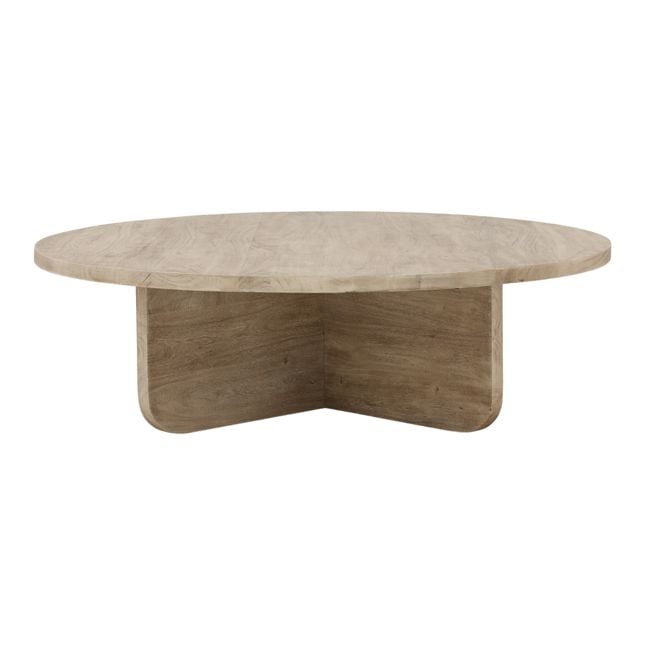 Front view of the Colby coffee table in a natural wood finish featuring a thin circular top and intersecting slab pedestal legs