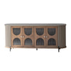 Front perspective view of the Colosseo sideboard featuring a curved oval silhouette with grey fluted side panels and wood-framed arched reeded glass doors