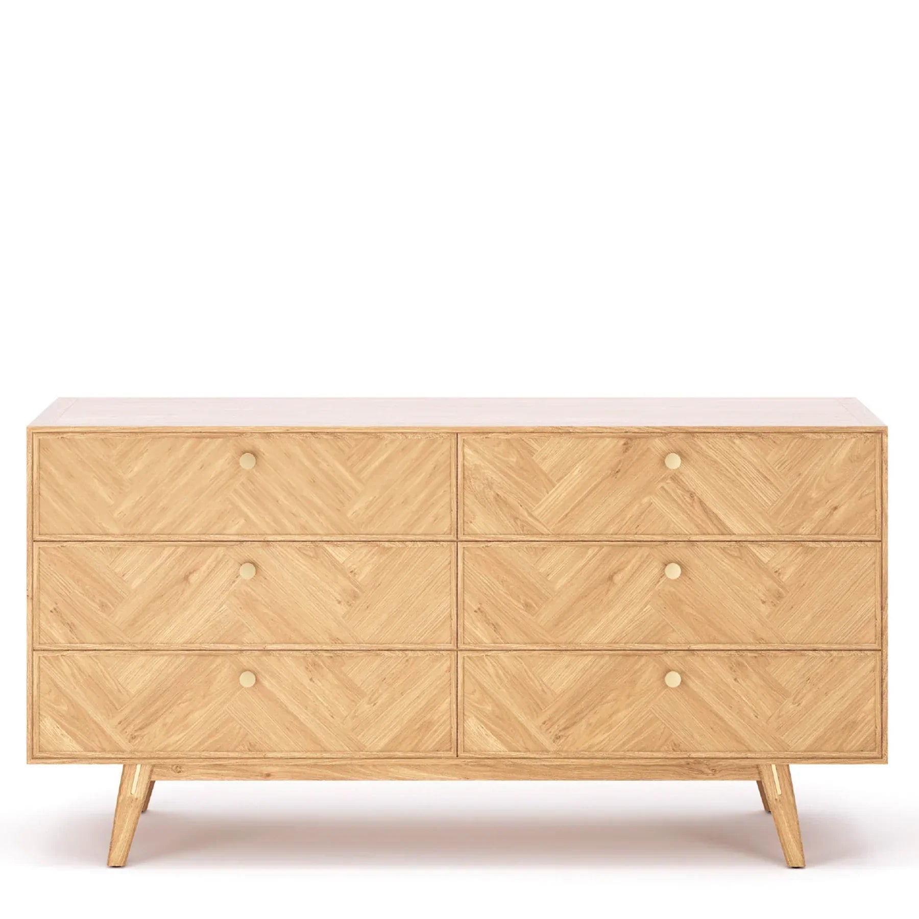Front view of the Colton 6-drawer dresser in a warm walnut finish featuring vertical fluted wood detailing on the top drawer row