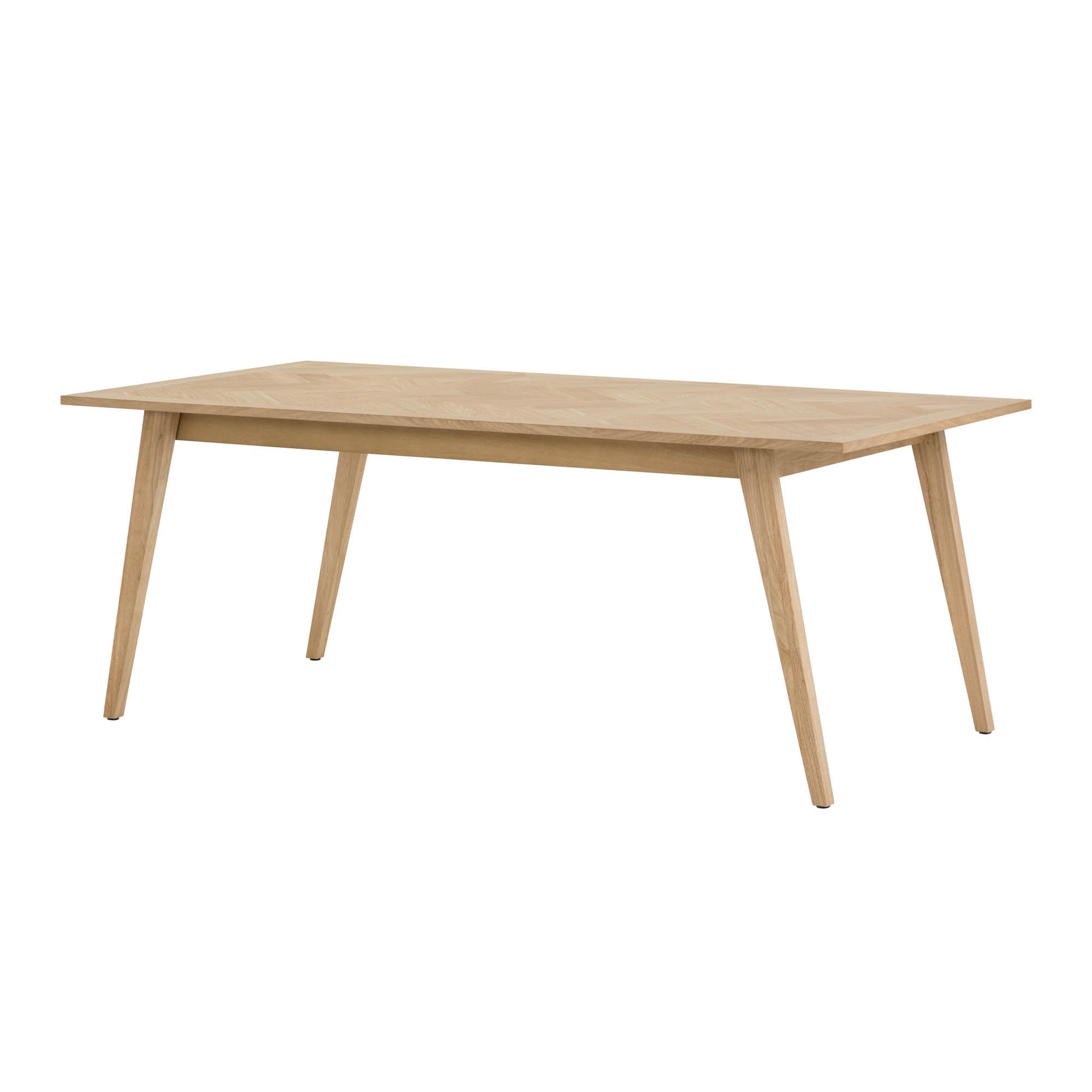 Straight-on side profile view highlighting the slim tabletop depth and the clean architectural lines of the natural oak legs