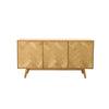 Straight-on front view of the Colton sideboard featuring a light natural oak finish and intricate herringbone parquet patterns across three cabinet doors