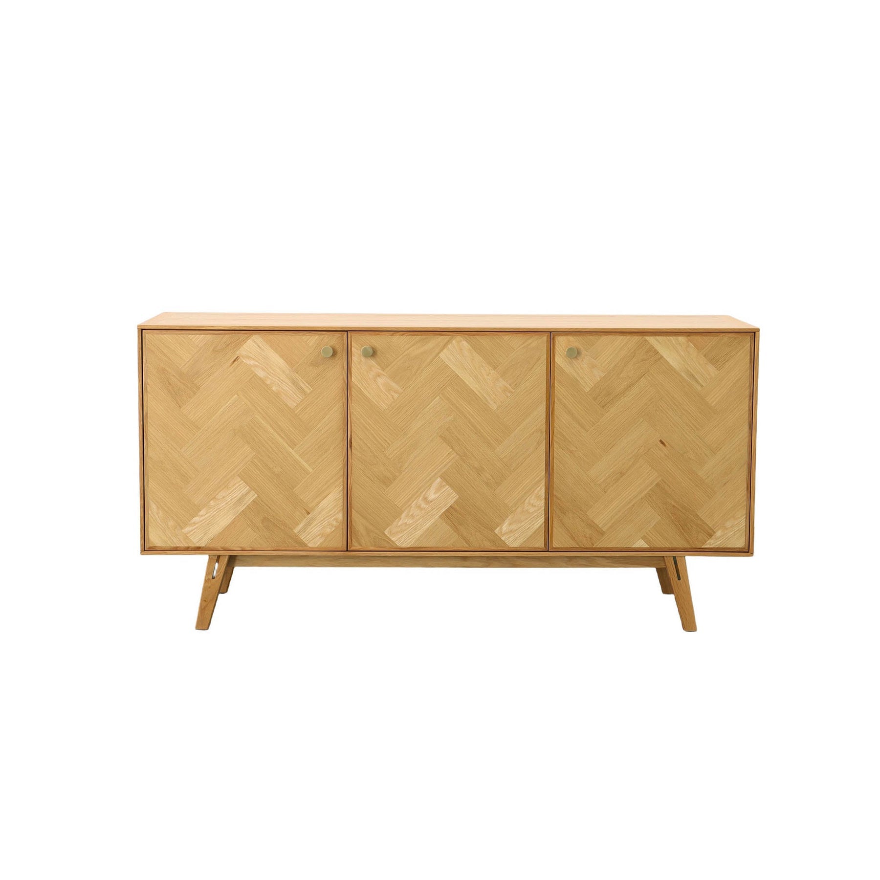 Straight-on front view of the Colton sideboard featuring a light natural oak finish and intricate herringbone parquet patterns across three cabinet doors
