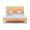 Front view of the Colton king bed featuring a light oak wood frame and a decorative herringbone inlay headboard