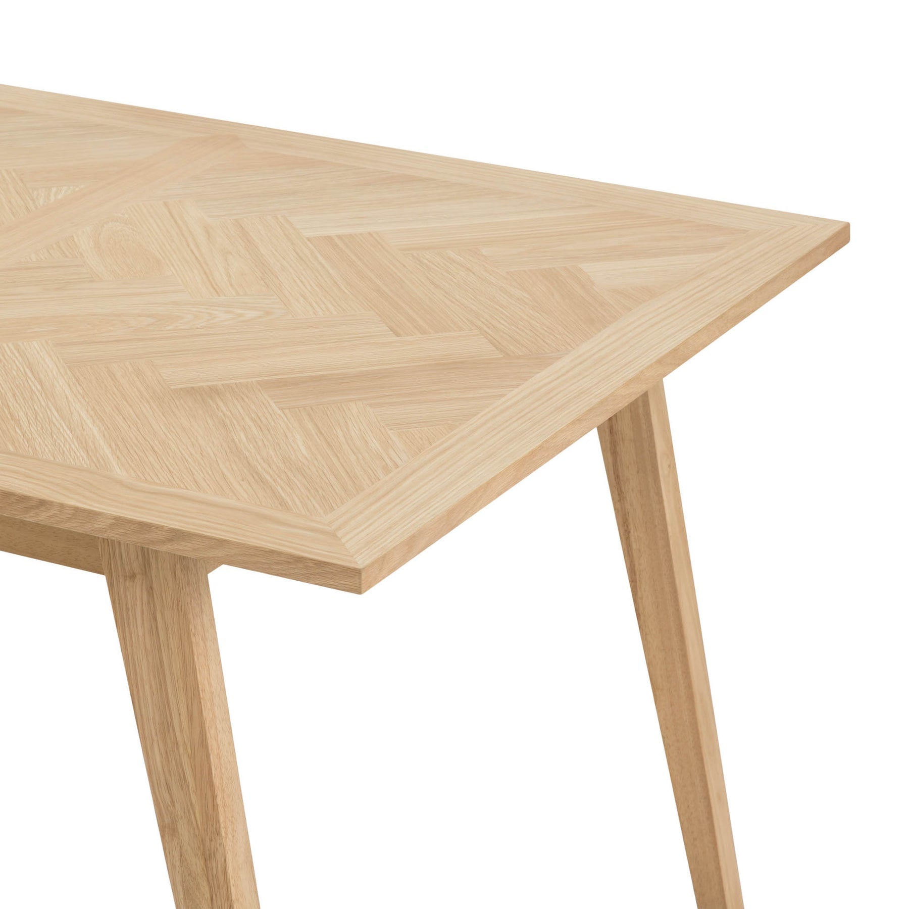 Straight-on side profile view highlighting the slim tabletop depth and the clean architectural lines of the natural oak legs
