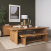 Wide-angle lifestyle shot showcasing the natural oak sideboard as part of a complete dining collection with a matching table and bench