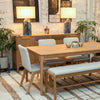 Wide-angle lifestyle shot showcasing the Arizona sideboard as part of a complete natural wood dining collection with matching table and seating