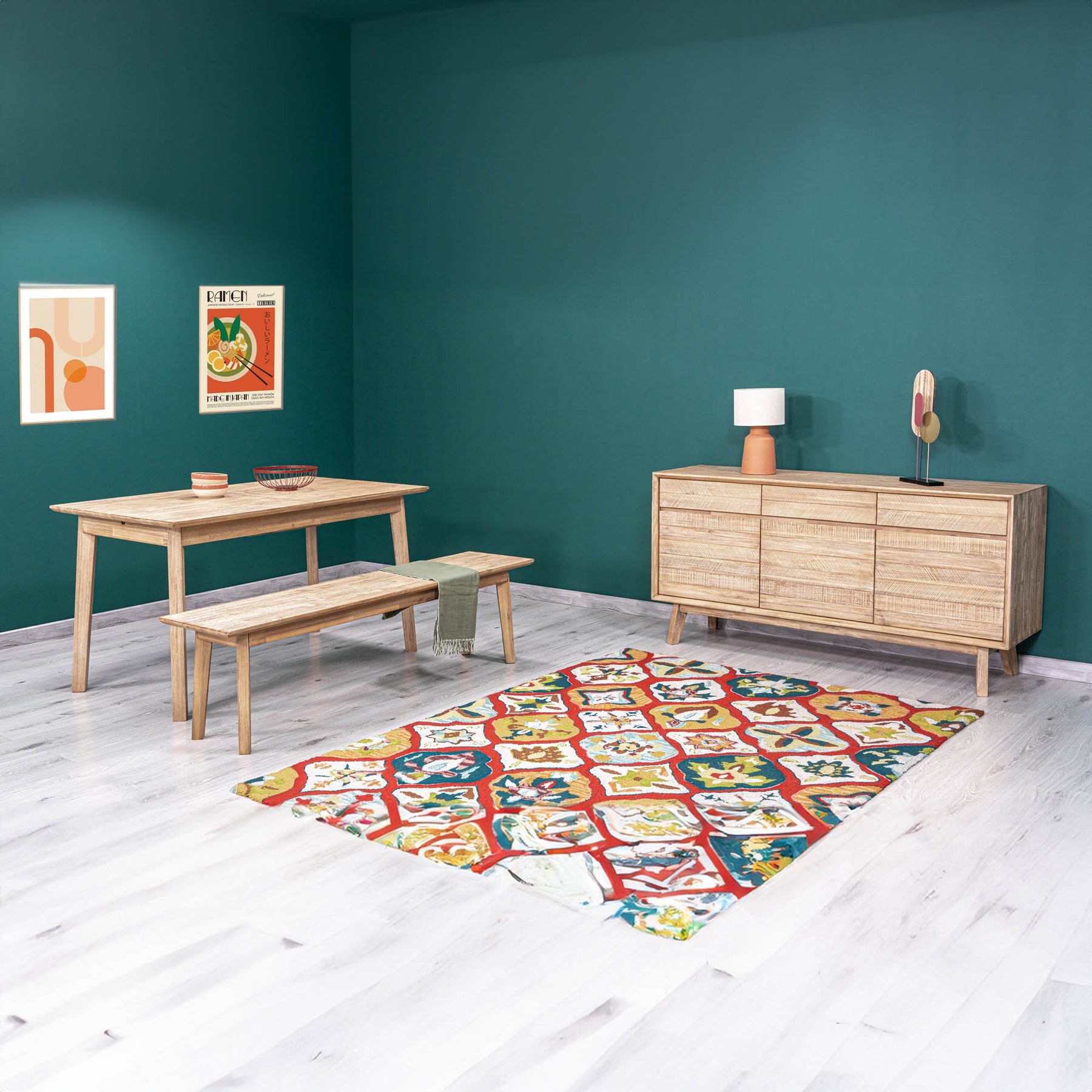 Front perspective view of the Gia sideboard featuring natural wood construction with horizontal textured paneling and three top drawers