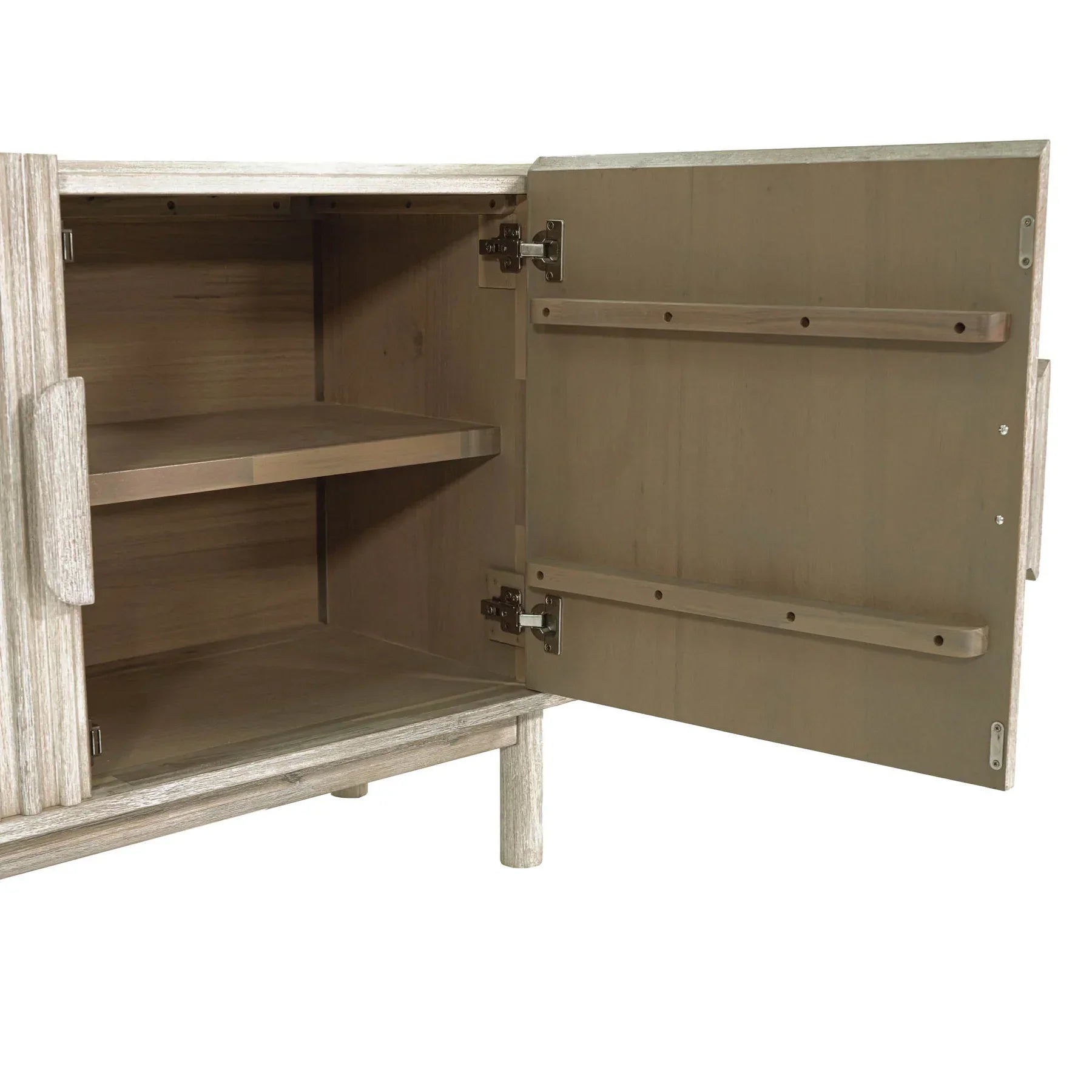 Front perspective view of the Oasis 4-door sideboard featuring a light oak finish, rounded corners, and vertical matte black metal handles