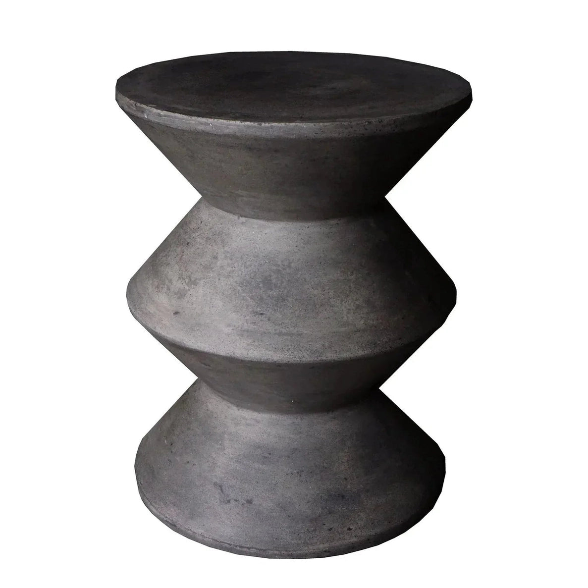 Three-quarter view of the concrete inverted side table featuring a matte black finish and a bold three-tier geometric zig-zag silhouette