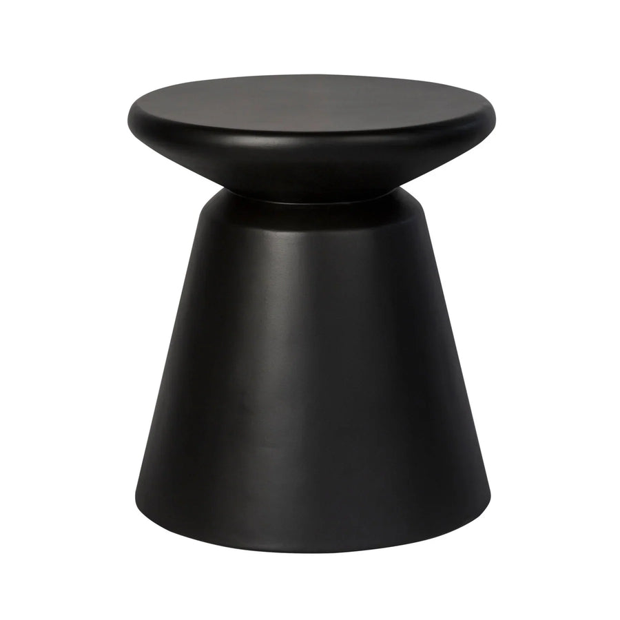 Three-quarter view of the Concrete Mineral side table featuring a matte black finish and a bold sculptural silhouette with a tapered pedestal base