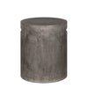 Front view of a cylindrical dark grey concrete side table featuring a minimalist drum silhouette and subtle integrated handle notches near the top rim