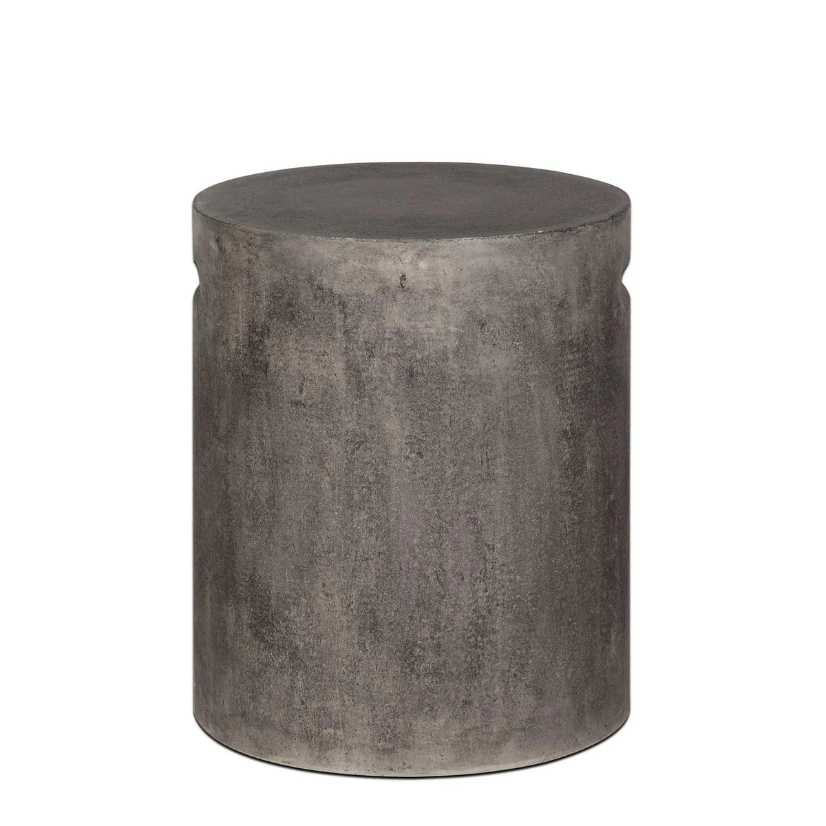 Front view of a cylindrical dark grey concrete side table featuring a minimalist drum silhouette and subtle integrated handle notches near the top rim