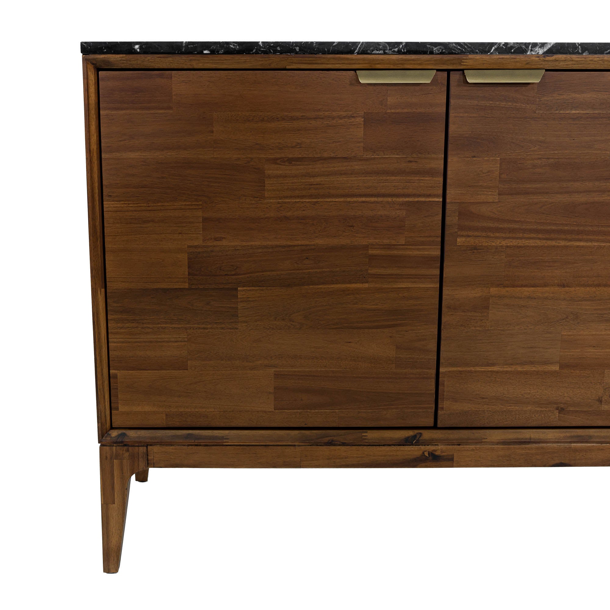 Straight-on front view highlighting the symmetrical wood grain patterns across the three storage doors and the slim gold handles
