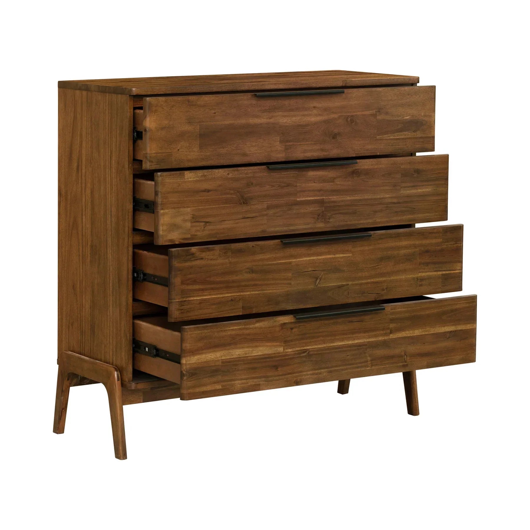 Three-quarter view with all four drawers open showcasing the smooth metal side glides and spacious internal storage