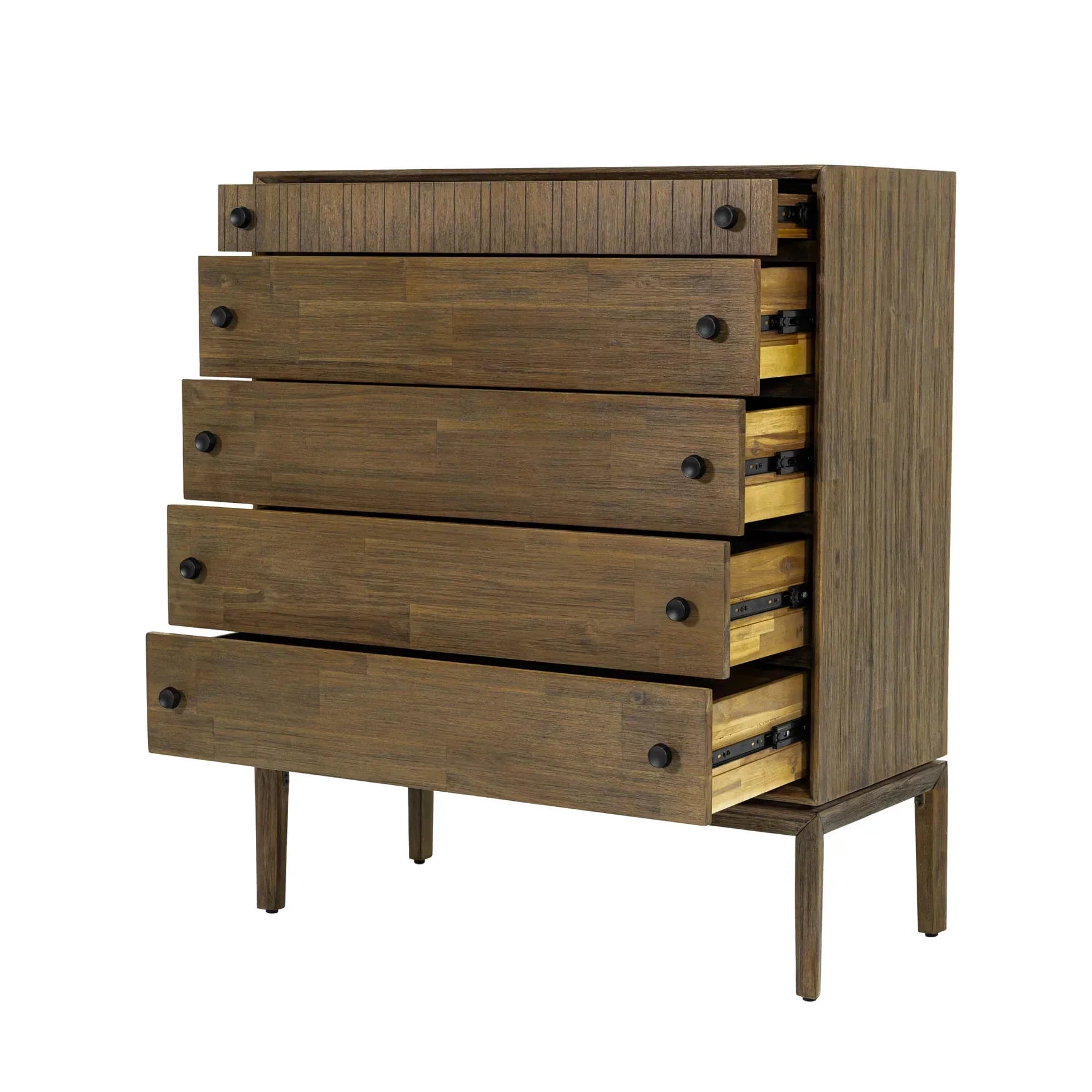 Front view of the West 5-drawer vertical chest featuring a rich natural wood finish, dark circular knobs, and a top drawer with vertical fluted detailing