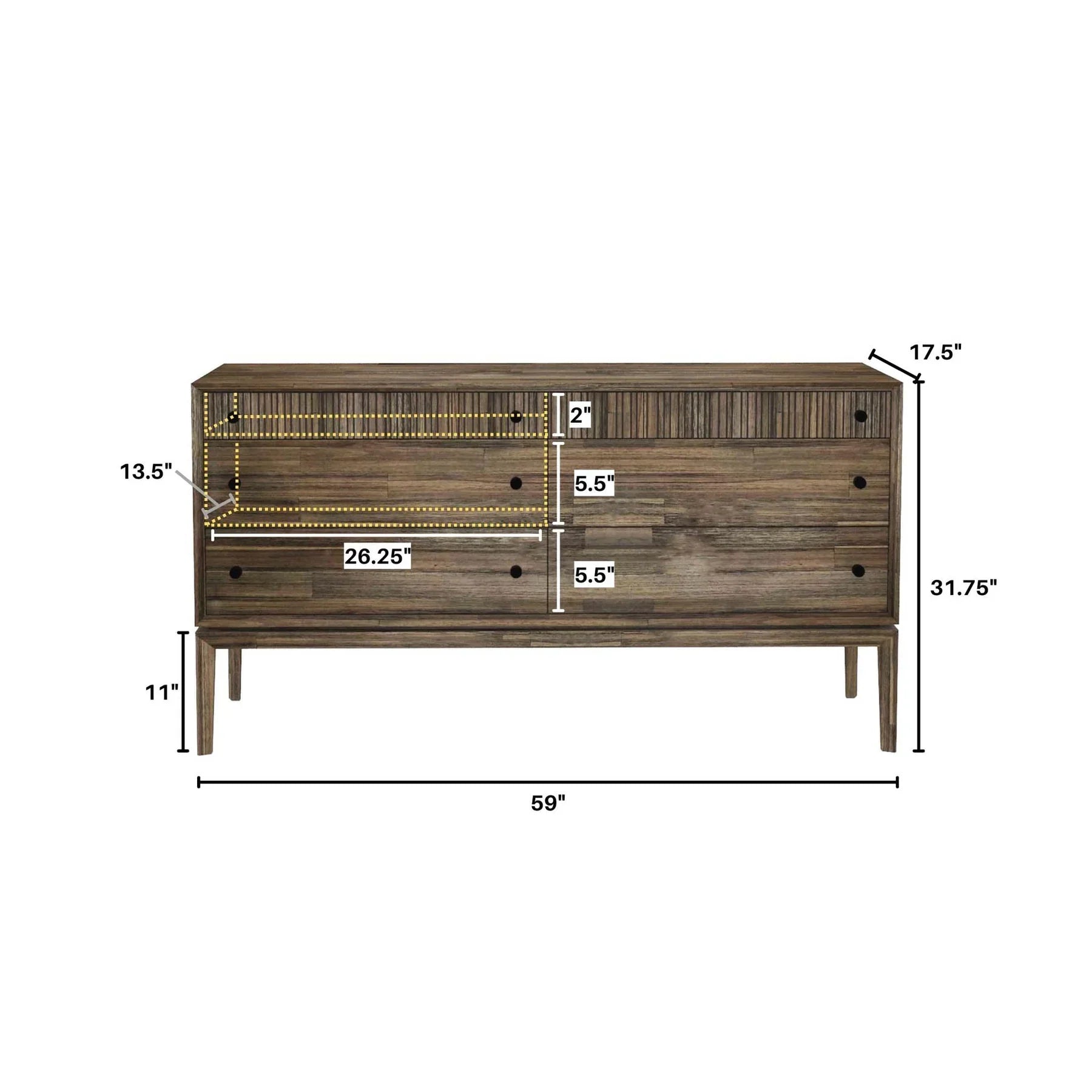 Front view of the West 6-drawer double dresser featuring a rich natural wood finish, dark circular knobs, and top drawers with vertical fluted detailing