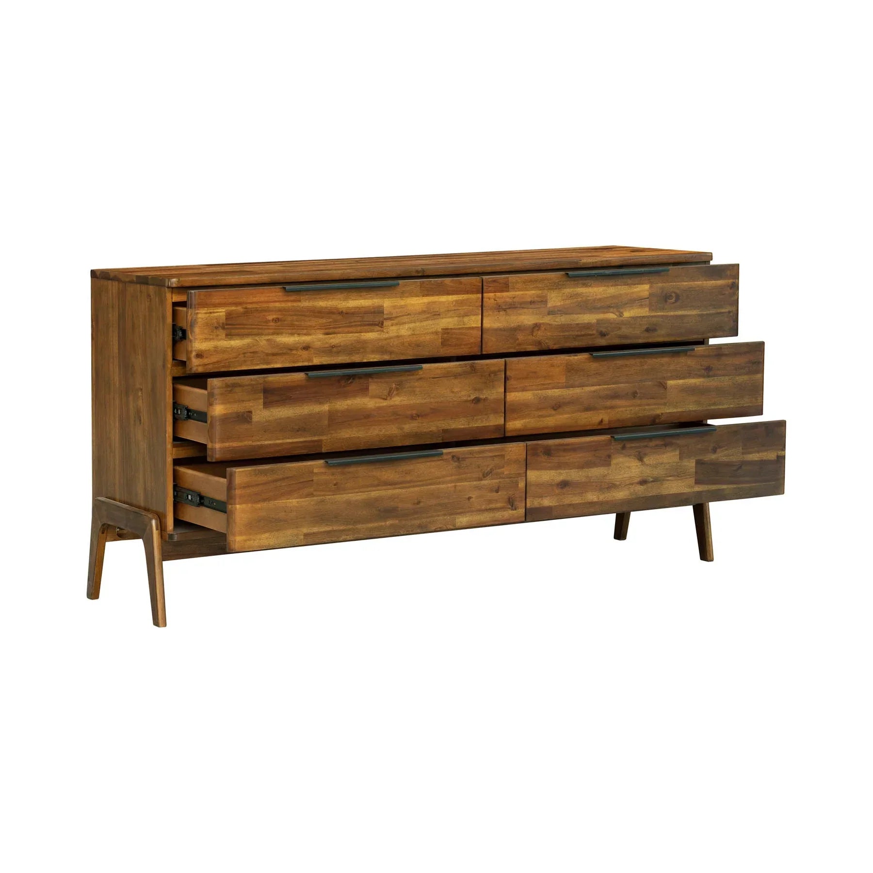 Three-quarter perspective with three drawers open showcasing the high-capacity storage and smooth internal wood construction