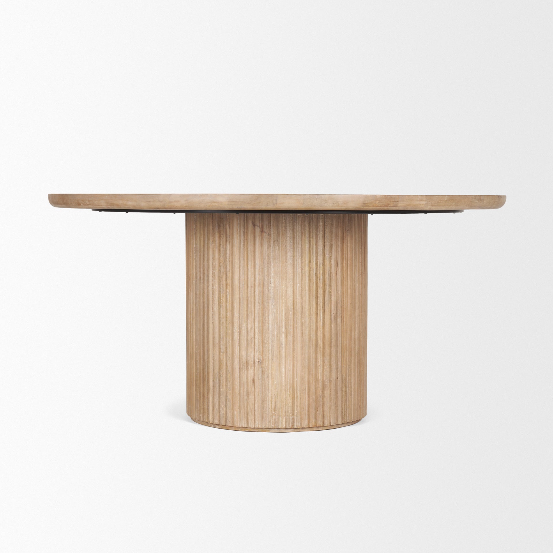 Front view of the 60 inch Terra round dining table featuring a light brown wood finish and a thick fluted cylindrical pedestal base