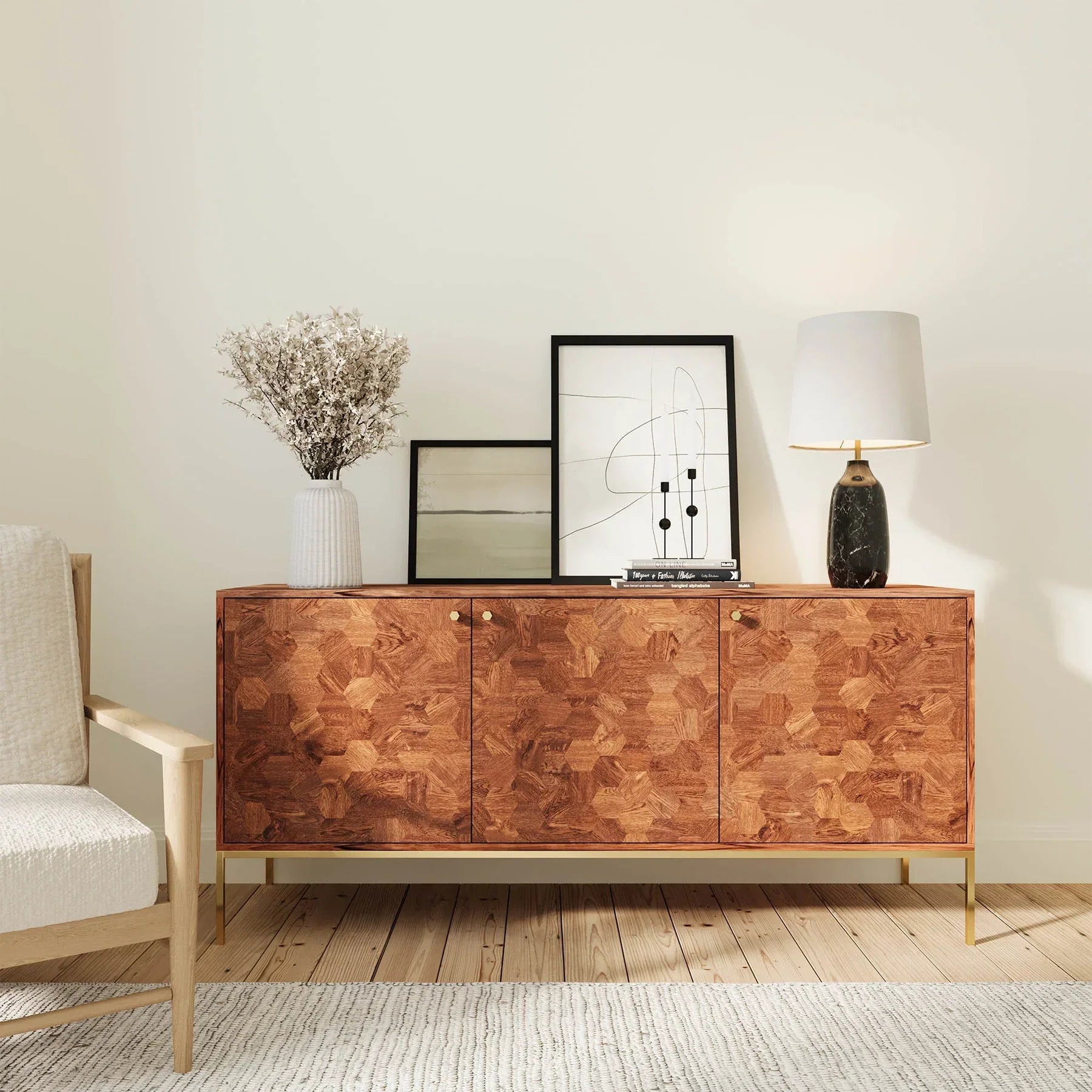 Straight-on front view showcasing the seamless symmetrical hexagonal wood patterns across the three storage doors