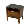 High-angle perspective view showcasing the spacious black marble top and the uniform wood grain of the side panels