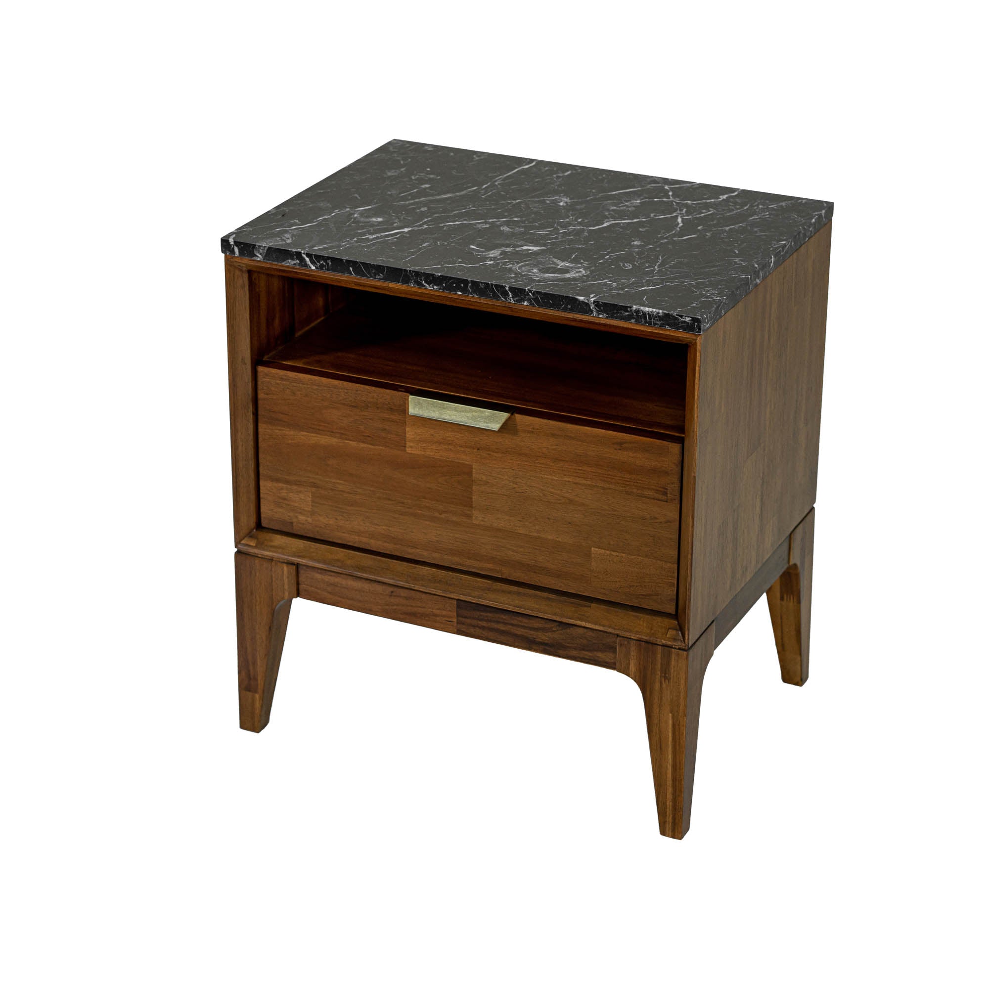 Front view of the Allure nightstand featuring a rich acacia wood frame, a single drawer with a brass handle, an open shelf, and a black marble top