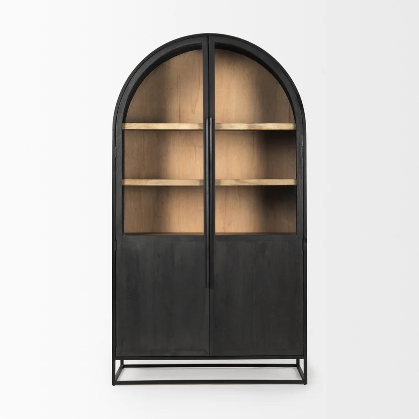 Straight-on front view of the Sloan arch cabinet featuring a matte black finish and natural wood interior shelves