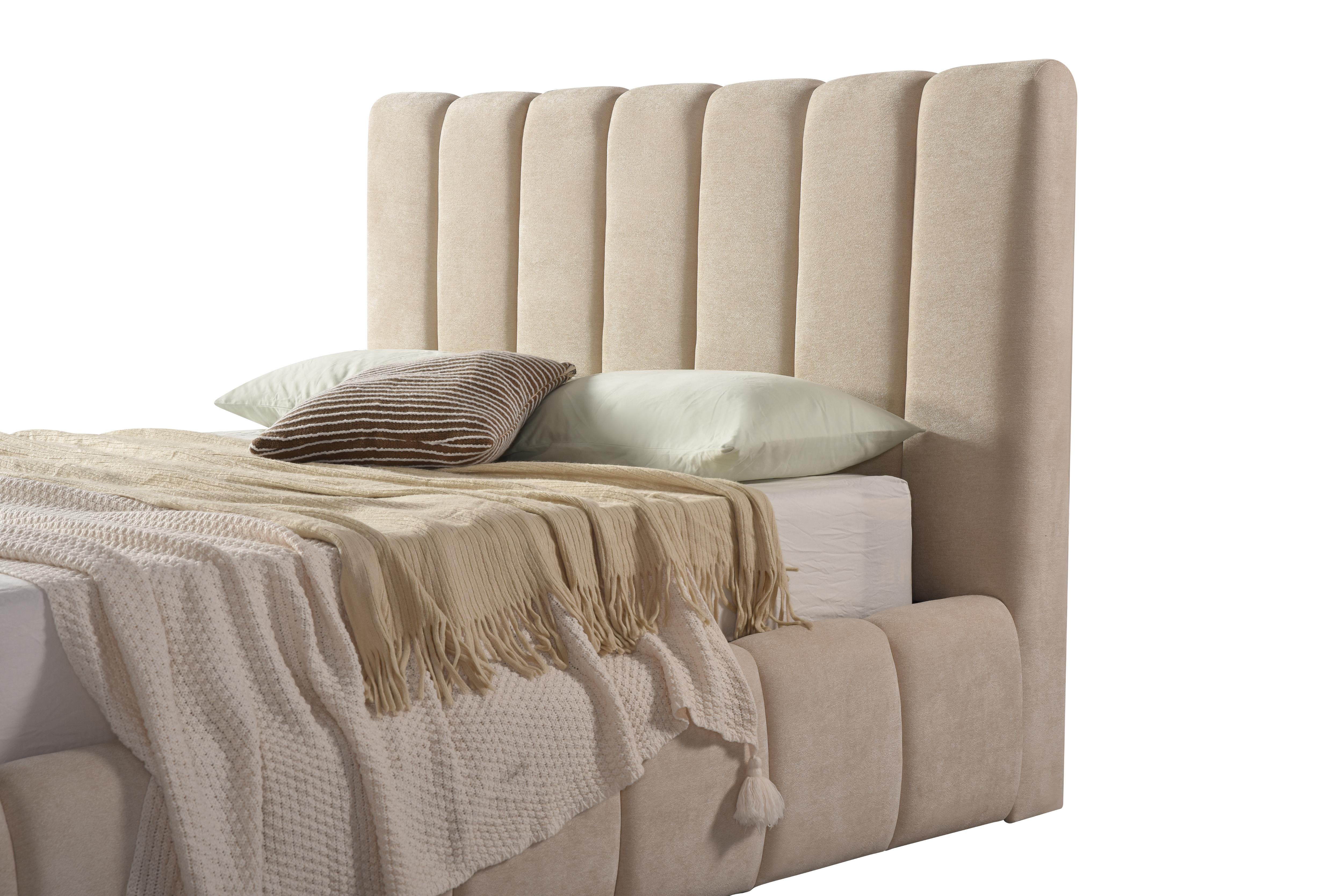Front view of the Seng upholstered storage bed featuring a cream vertical channel tufted headboard and matching fabric base