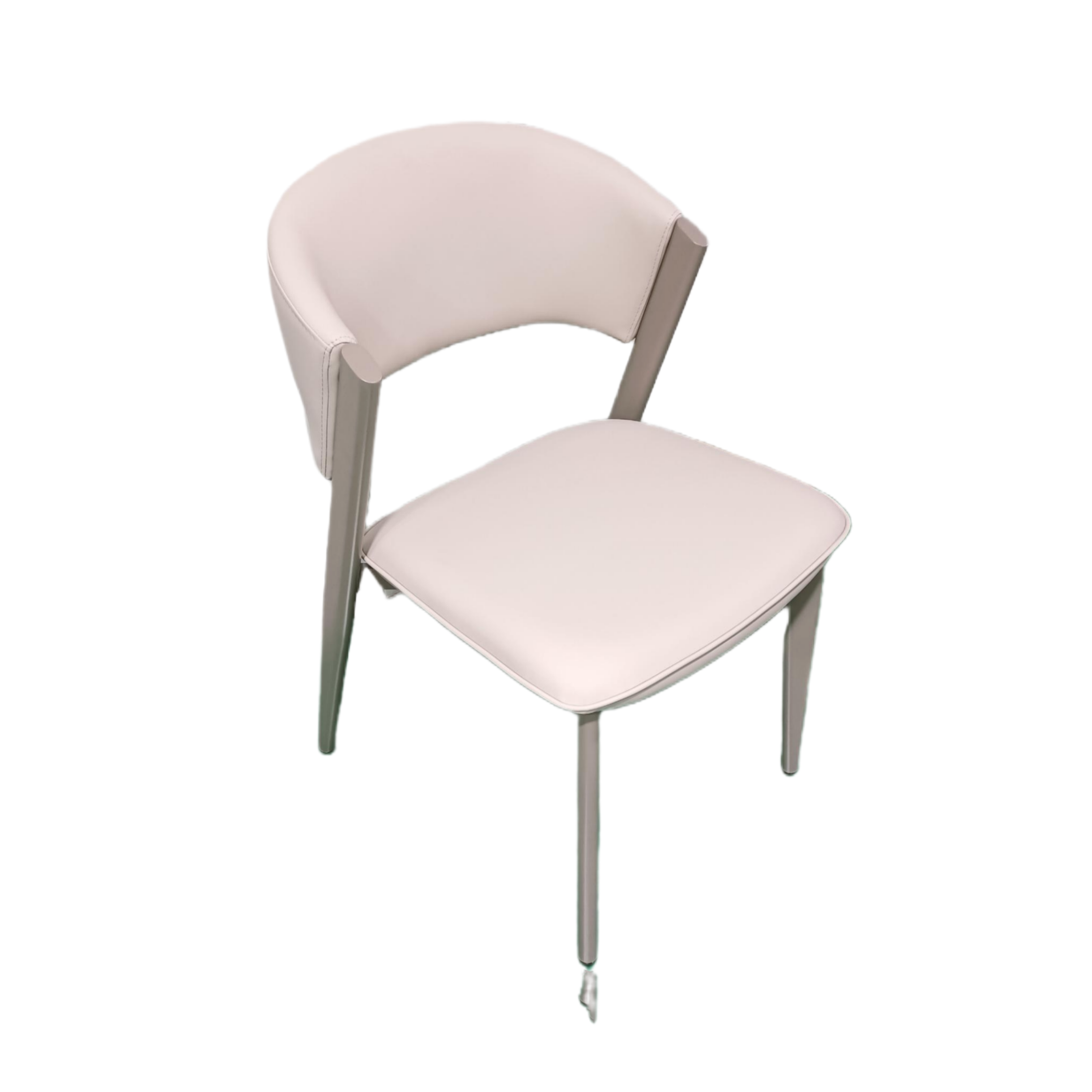 Front view of the Akki dining chair featuring beige upholstery and a curved wrap-around backrest with tapered legs