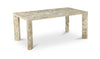 Three-quarter perspective view showcasing the solid stone construction and natural mottled beige texture of the rectangular dining table