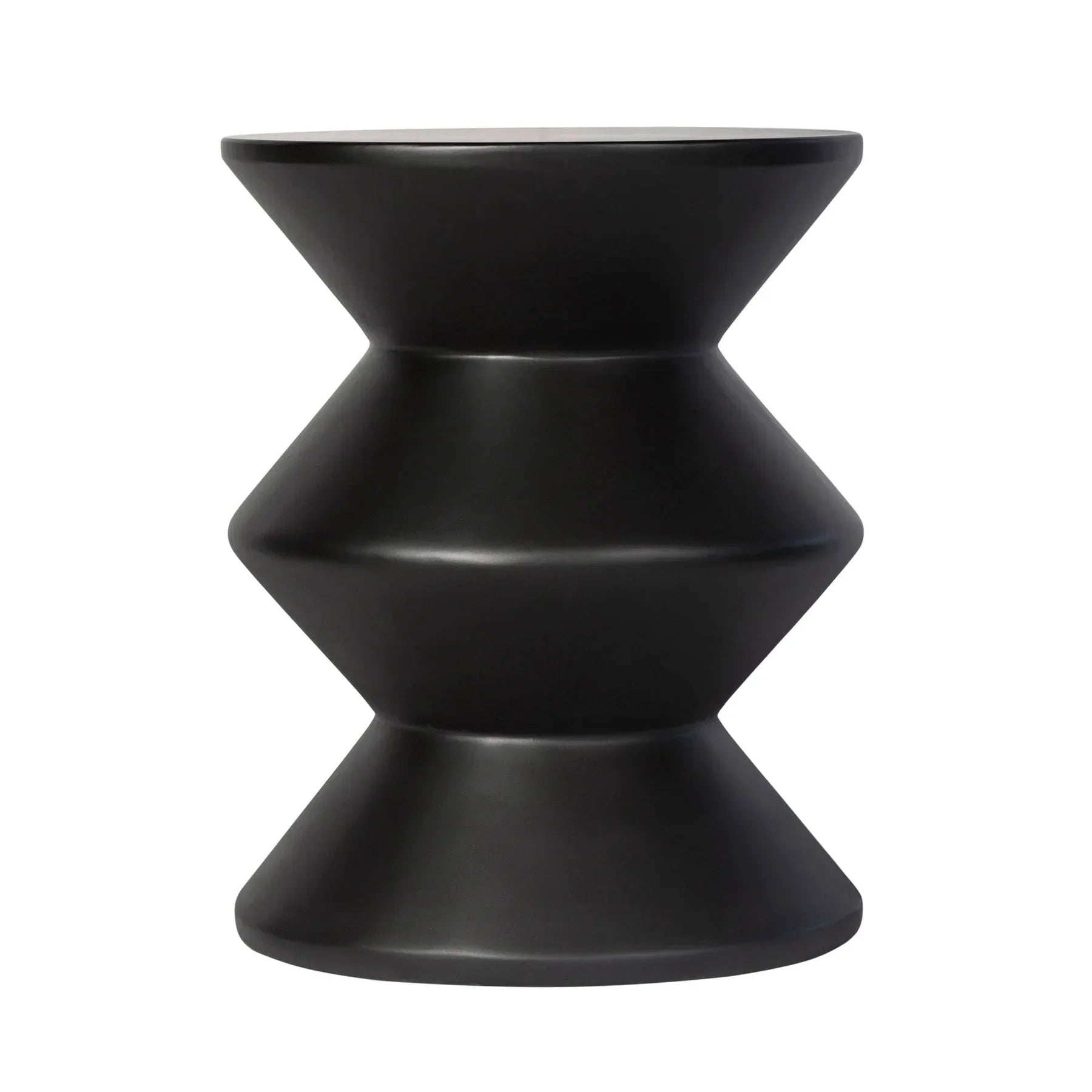 Three-quarter view of the concrete inverted side table featuring a matte black finish and a bold three-tier geometric zig-zag silhouette