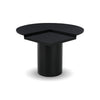 High-angle perspective view of the compact round table highlighting the central pedestal support