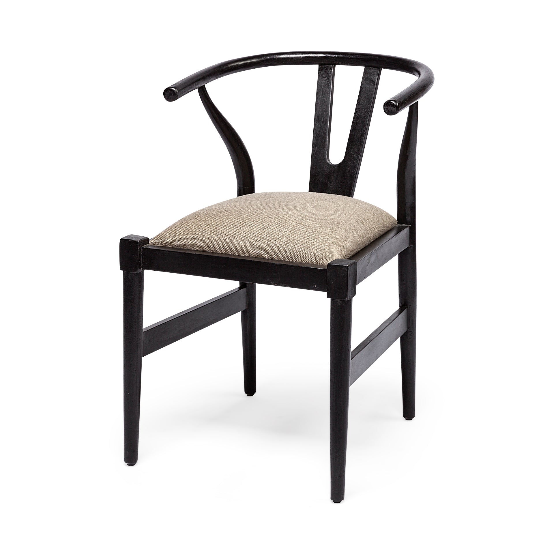 Front view of the Trixie I dining chair featuring a black-finished wooden frame with a curved wishbone-style backrest and dark taupe fabric seat