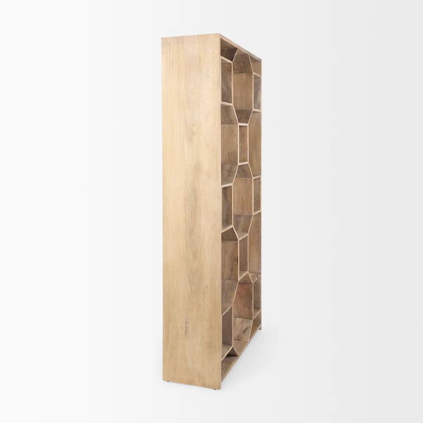 Three-quarter perspective view of the Traro shelving unit in blonde wood featuring a unique geometric honeycomb compartment design